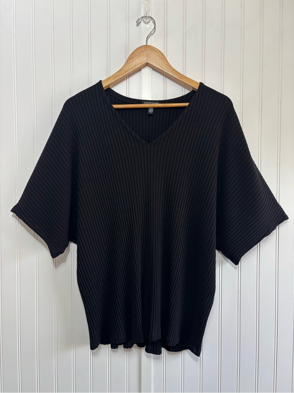 Eileen Fisher Black Ribbed V-Neck Stretch Top Dolman Sleeve Minimalist Size L